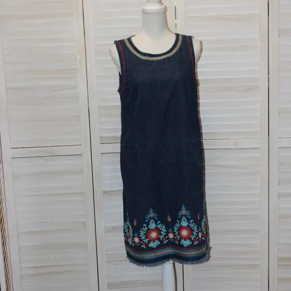 J Jill Denim Jumper Dress Frayed Hem Embroidery Size Small - Picture 3 of 7
